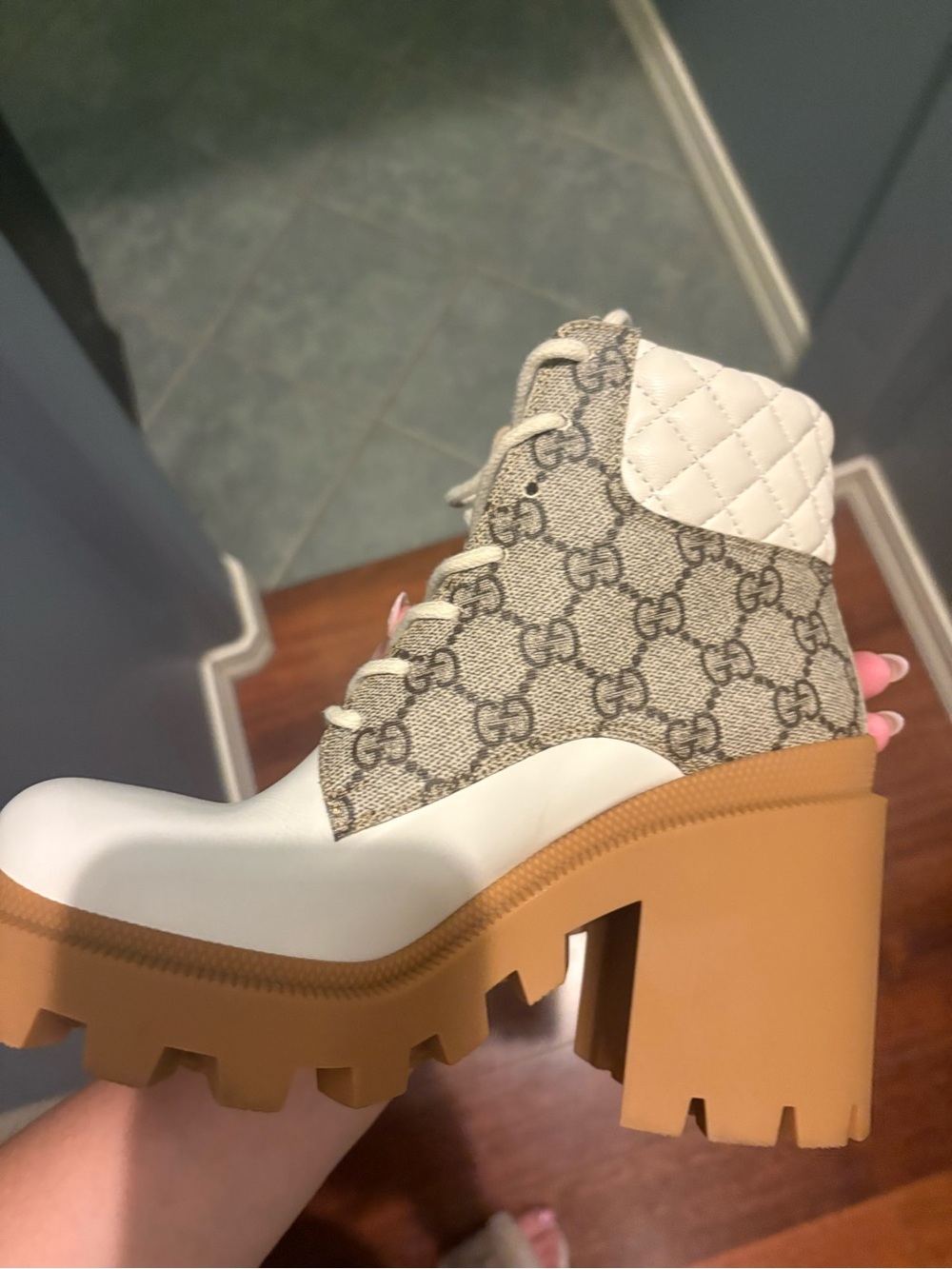Gucci Cream, Brown & Tan Quilted-Collar Lug Sole Ankle Boot - Picture 4 of 9